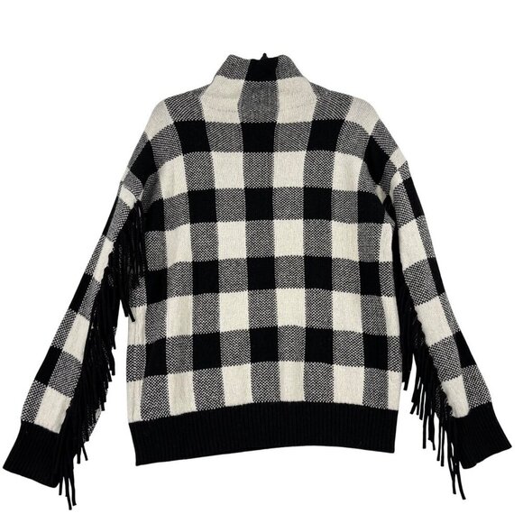 Ralph Lauren Fringe Sweater Size M Black White Buffalo Plaid Wool Blend - Picture 6 of 11